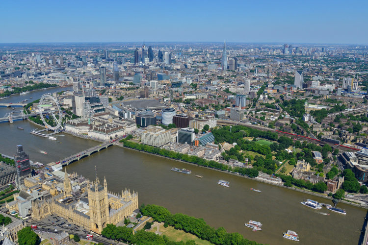 Aerial view of London over the river Thames