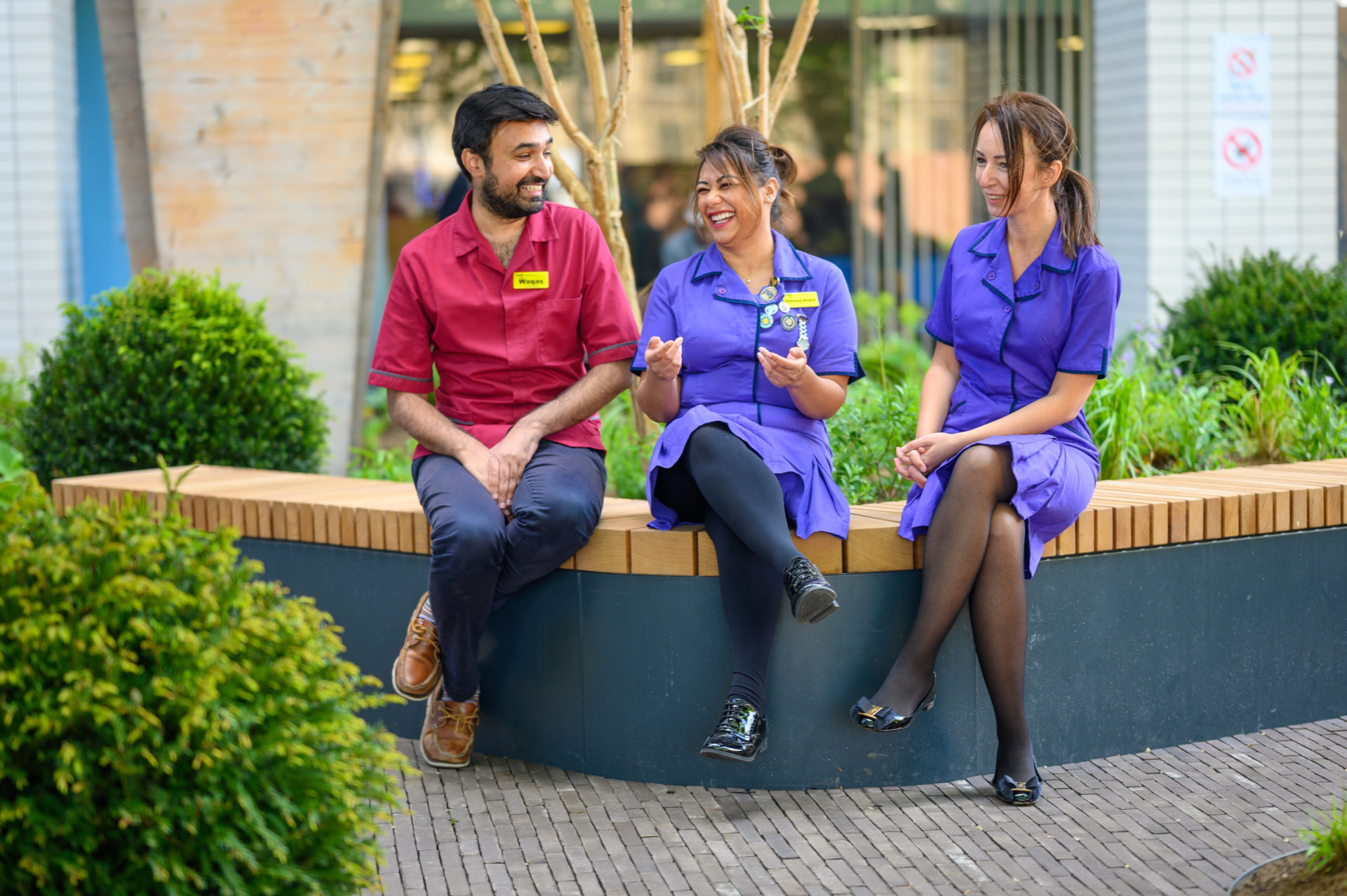 Three nurses at the opening of the Florence Nightingale garden at St Thomas' Hospital. This garden was rebuilt from its display at the Chelsea Flower show with support from Guy's & St Thomas' Charity.